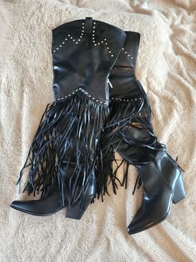 Black Fringe Studded Western Boots
